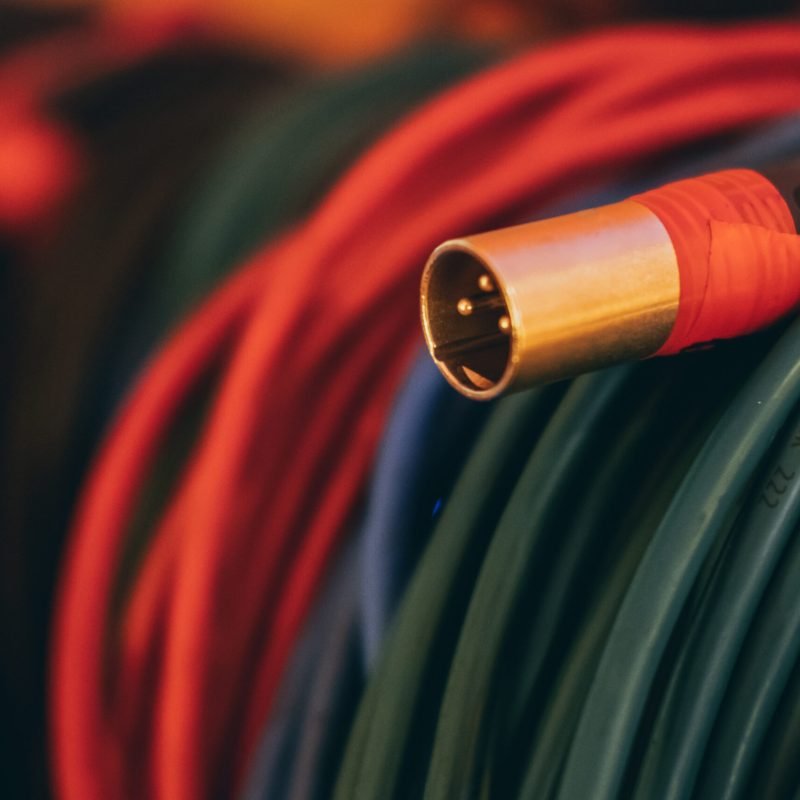 Colorful music sound stereo cables in a studio